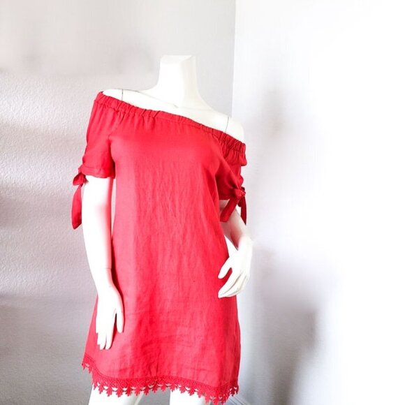 Lungo L'arn0 Italian 100% Linen Red Off the Shoulder Tie Sleeve Mini Shift Dress - Picture 2 of 10